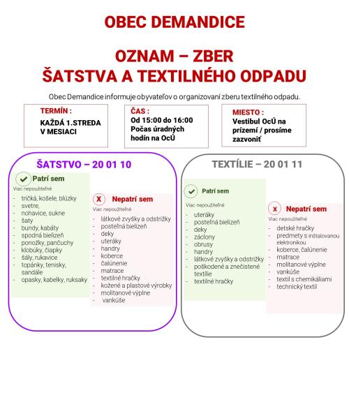 Oznam o zbere šatstva a textilného odpadu